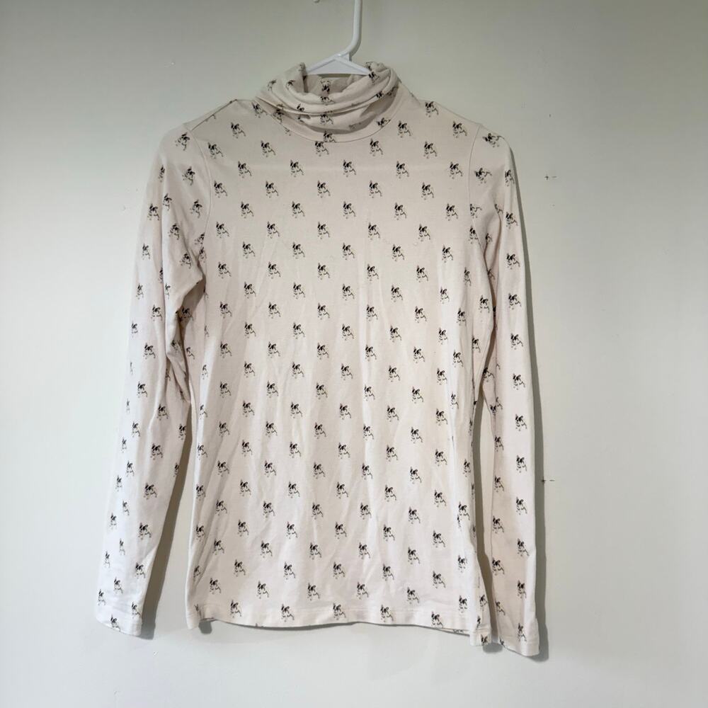 Lands End French Bulldog Print Fitted Turtleneck Top Cream Long Sleeve Size XS